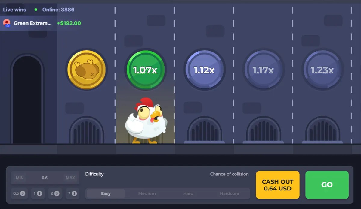 Screenshot of the Chicken Road game showing the chicken on a highlighted lane beneath a 1.07x multiplier, with nearby multipliers (1.12x, 1.17x, 1.23x) ahead, a live wins/online counter at the top, and a bottom bar with bet and difficulty settings plus “CASH OUT 0.64 USD” and a green “GO” button.