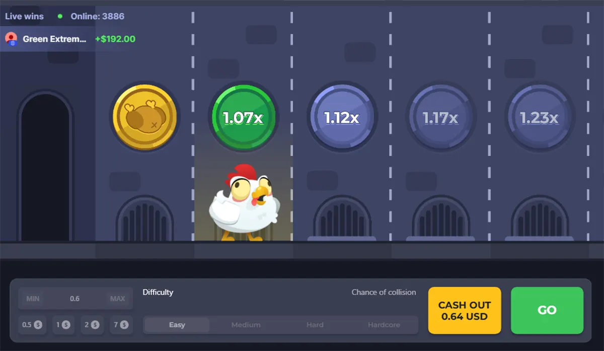 Screenshot of the Chicken Road game showing the chicken on a highlighted lane beneath a 1.07x multiplier, with nearby multipliers (1.12x, 1.17x, 1.23x) ahead, a live wins/online counter at the top, and a bottom bar with bet and difficulty settings plus “CASH OUT 0.64 USD” and a green “GO” button.
